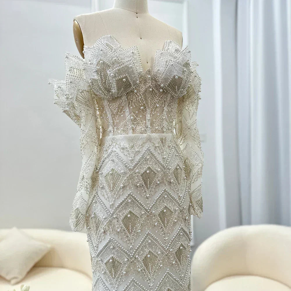 Beaded Off Shoulder Long Sleeve Mermaid Maxi Gown - View 15