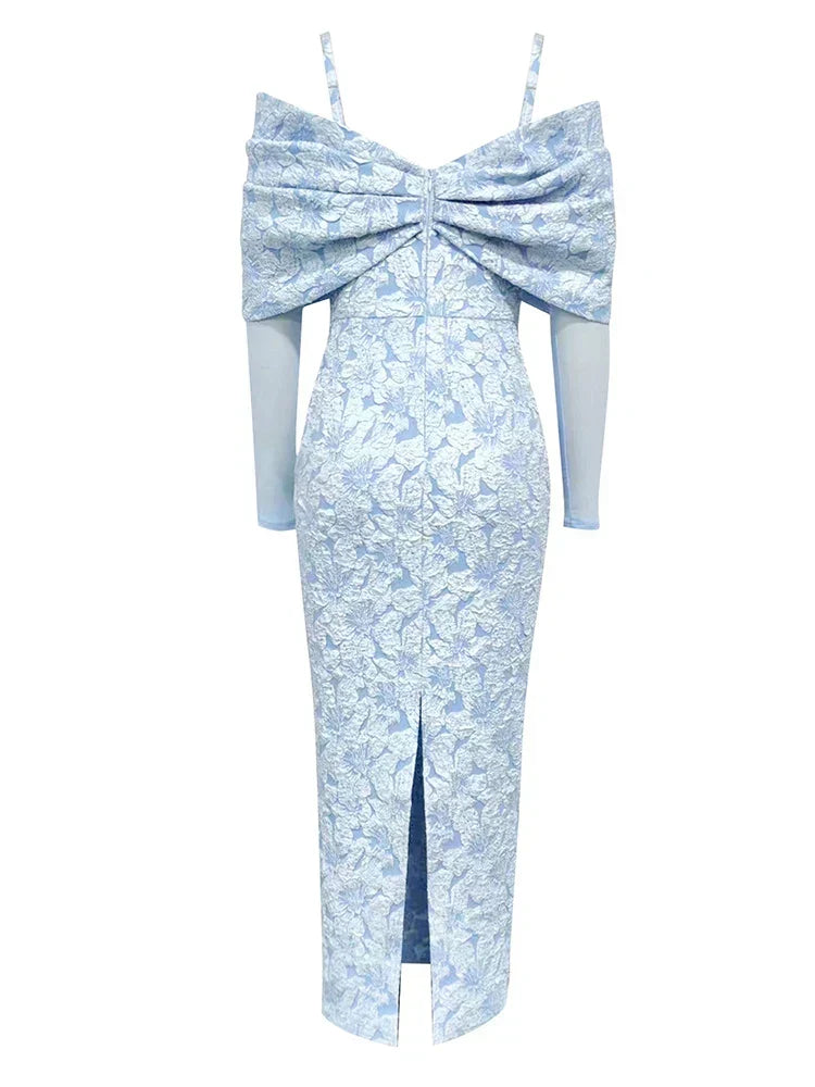 Off Shoulder Long Sleeve Jacquard High Split Midi Dress - View 9