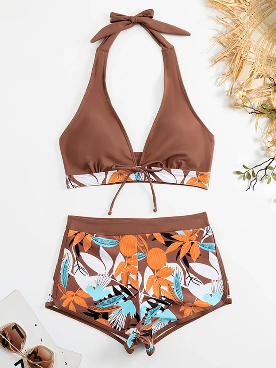 Leaf Print Knot Front Halter Two Piece Set
