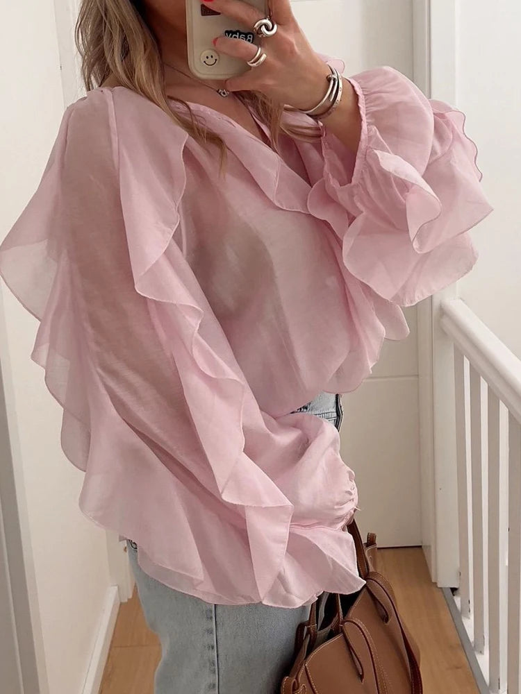 Elegant V-neck Long Sleeve Ruffle Blouse for Office Wear