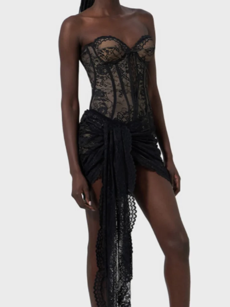 Lace-Up Corset Folds Draped Mini Lace Dress