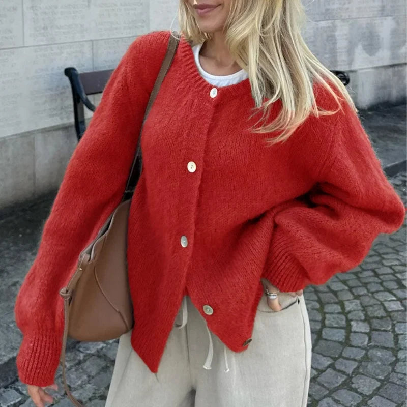 Solid Round Neck Single Breasted Cardigan