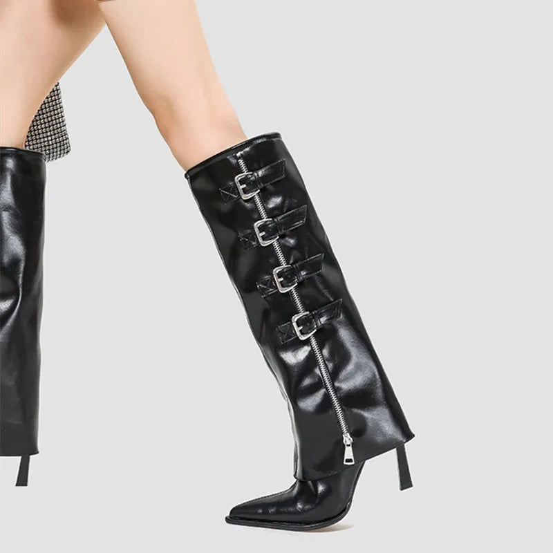 Catwalk Punk Glossy Faux Leather Alloy Clasp Tall Boot Gothic Shiny Leather Metal Buckle Knee-High Boot