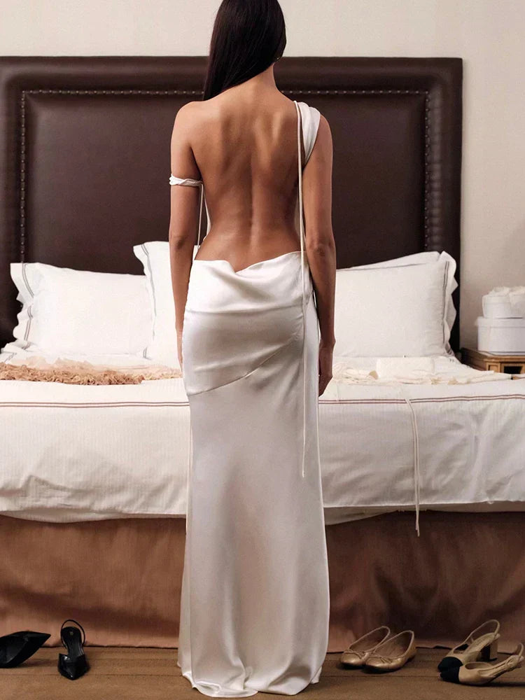 Satin Apricot Backless Long Dress - View 3