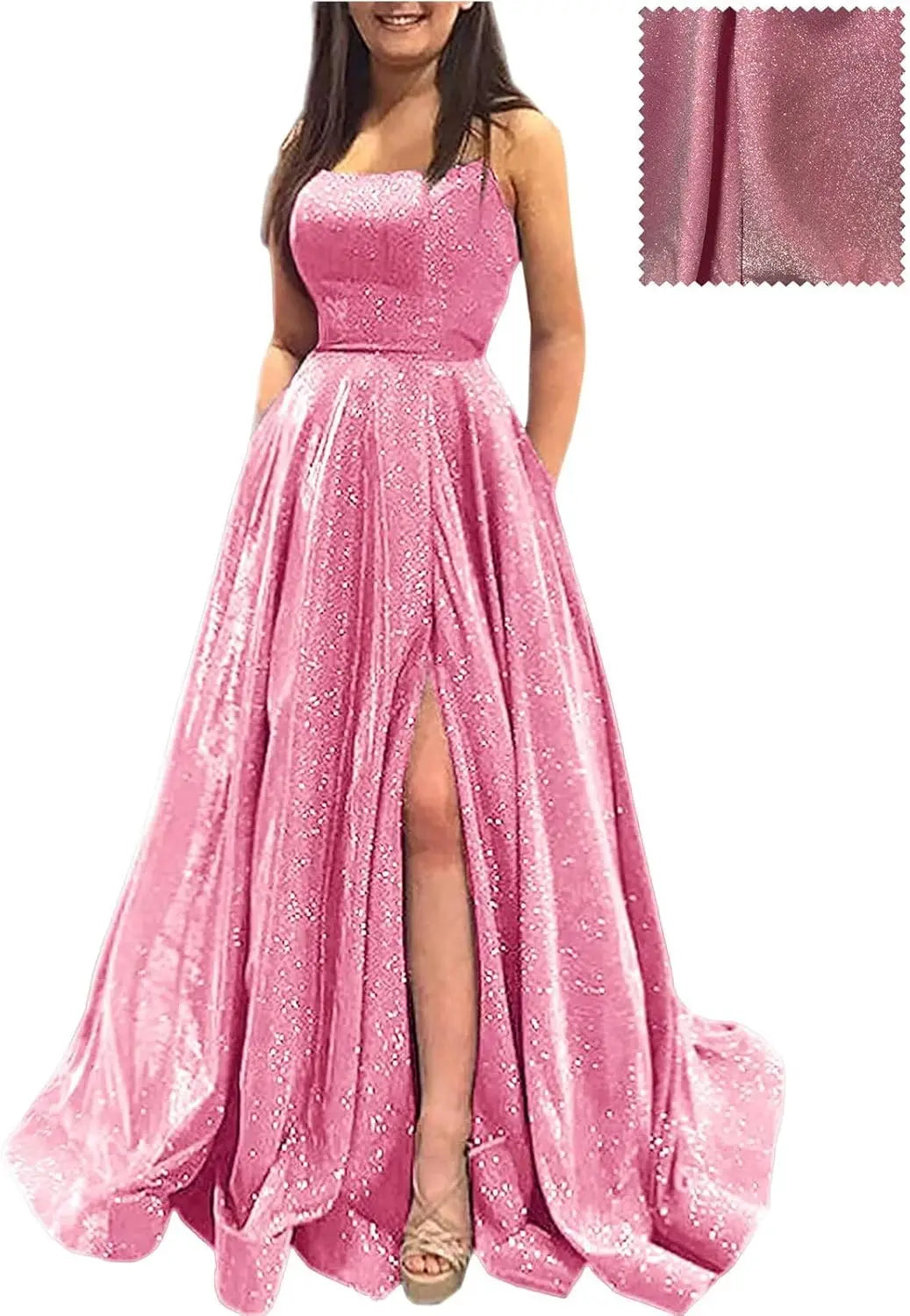Elegant A-Line Formal Evening Gown with Pockets and Glitter - Fashionpara