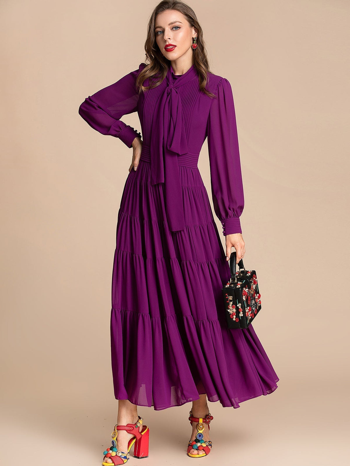 Chiffon Tie-Neck Long-Sleeve Pleated Tiered Maxi Dress