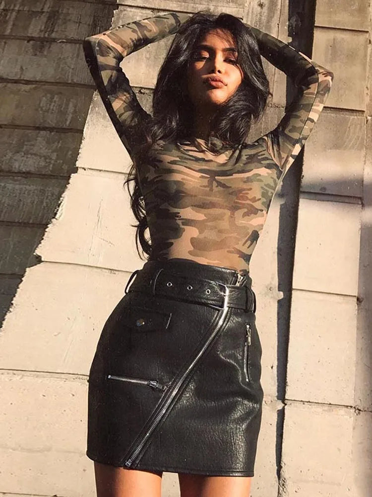 Camouflage Print Mesh See Through Long Sleeve Sheer Top