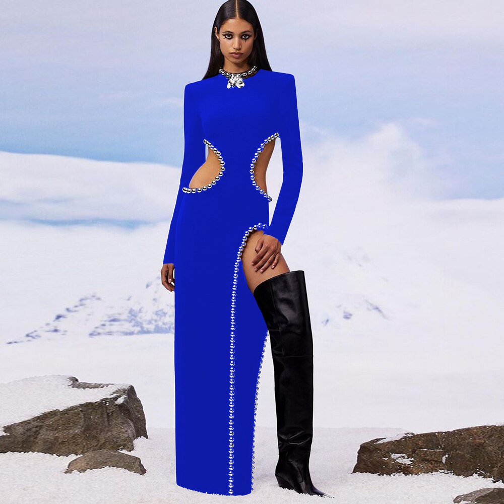 Pearl Bead Cut Out High Split Long Sleeve Gown 5