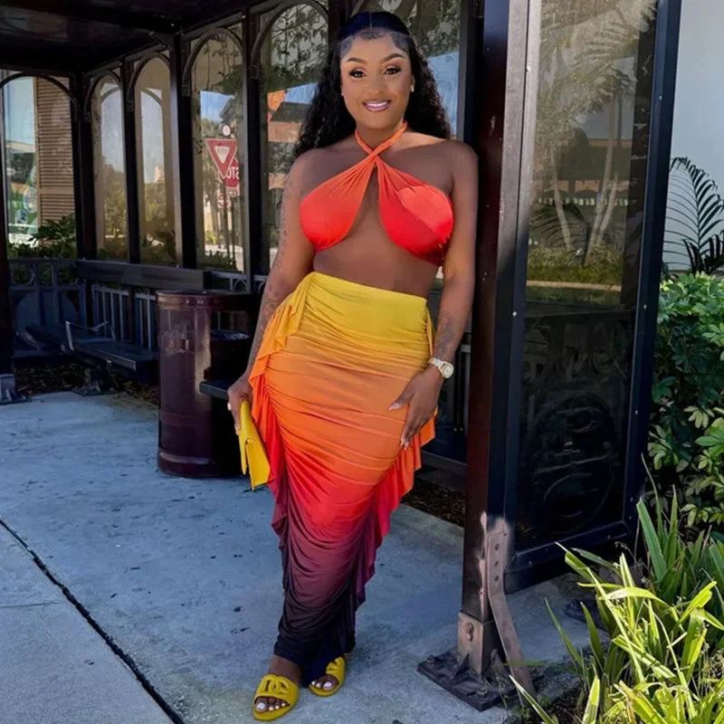 Gradient Halter Crop Top Ruffles Three Piece Swim Sets - Fashionpara