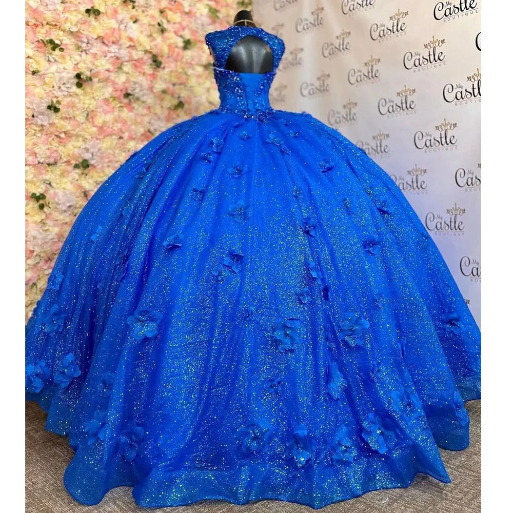 Royal Blue Quinceanera Dresses with 3D Floral Applique Off Shoulder Lace-up Corset Back prom Sweet 16 Dress - Fashionpara