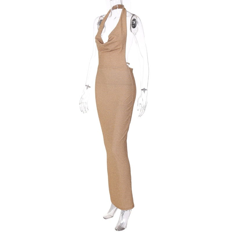 Glitter Knit Cowl Neck Halter Backless Mermaid Gown 5