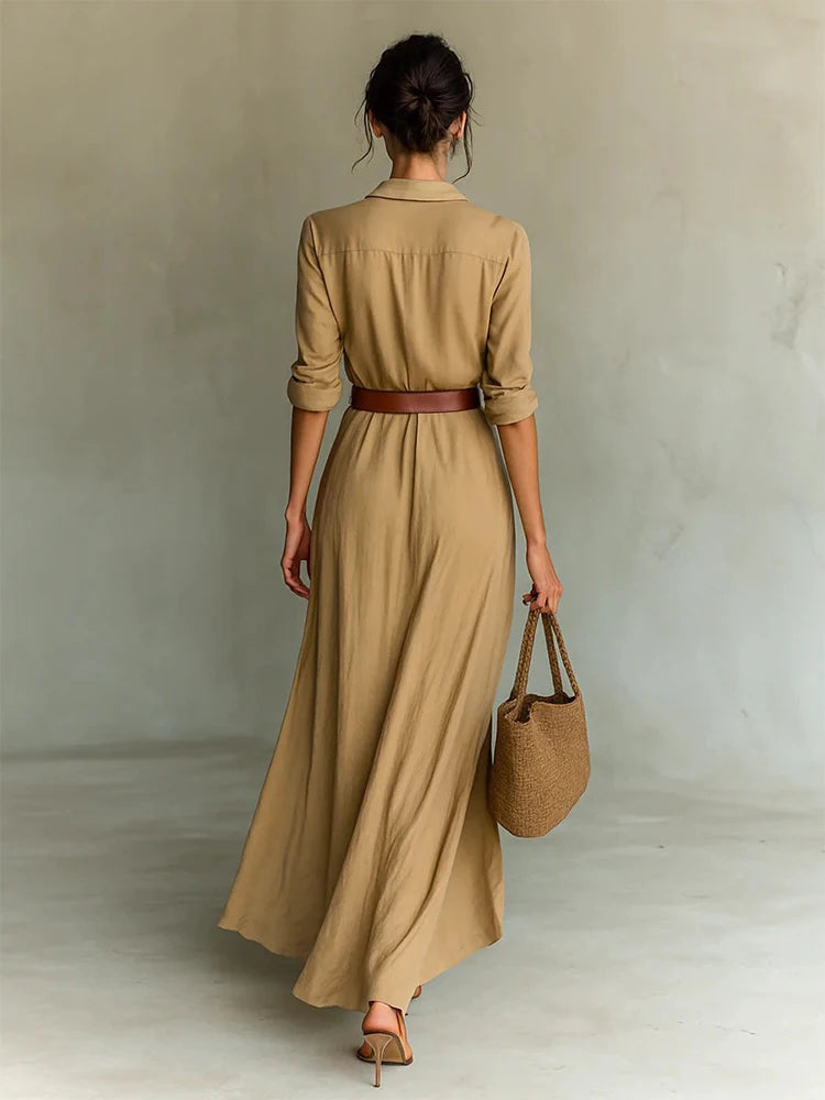 Draped Long Sleeve Belted Casual Dress for Elegant Events