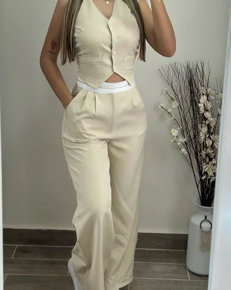 V-Neck Pocket Straight Pant Suit