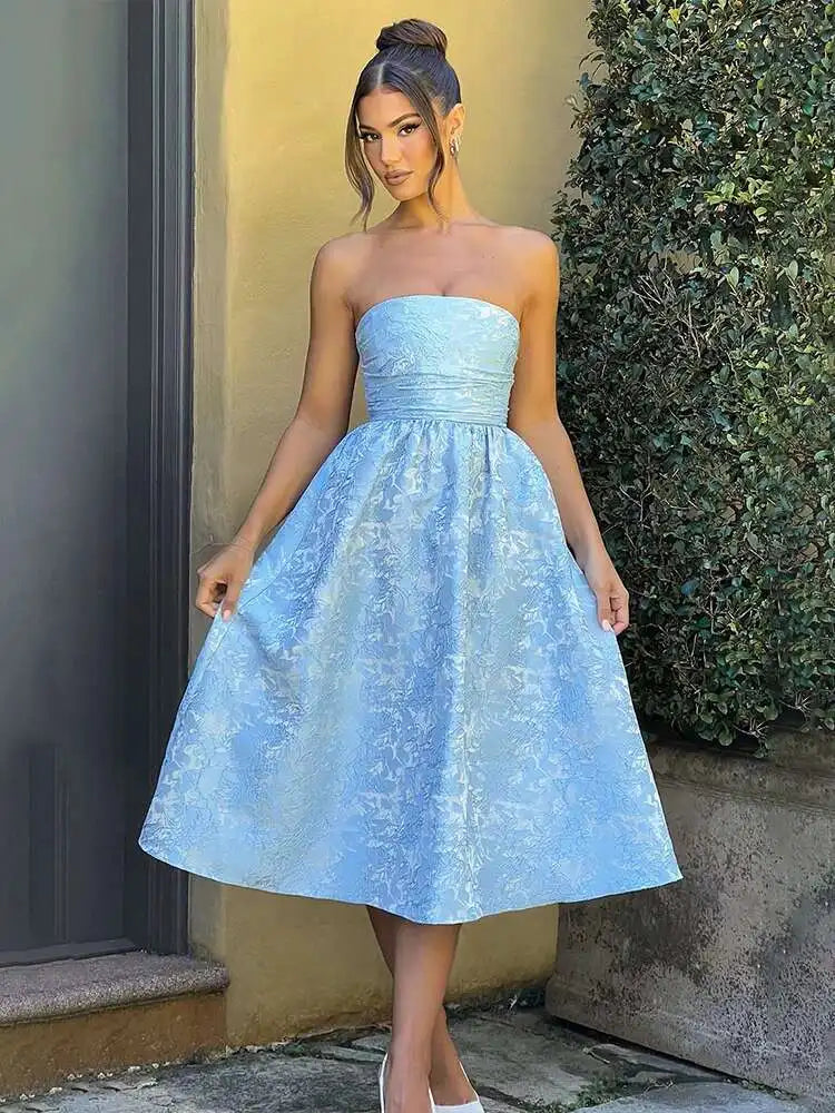 Floral Jacquard Strapless Pleated A-Line Midi Dress