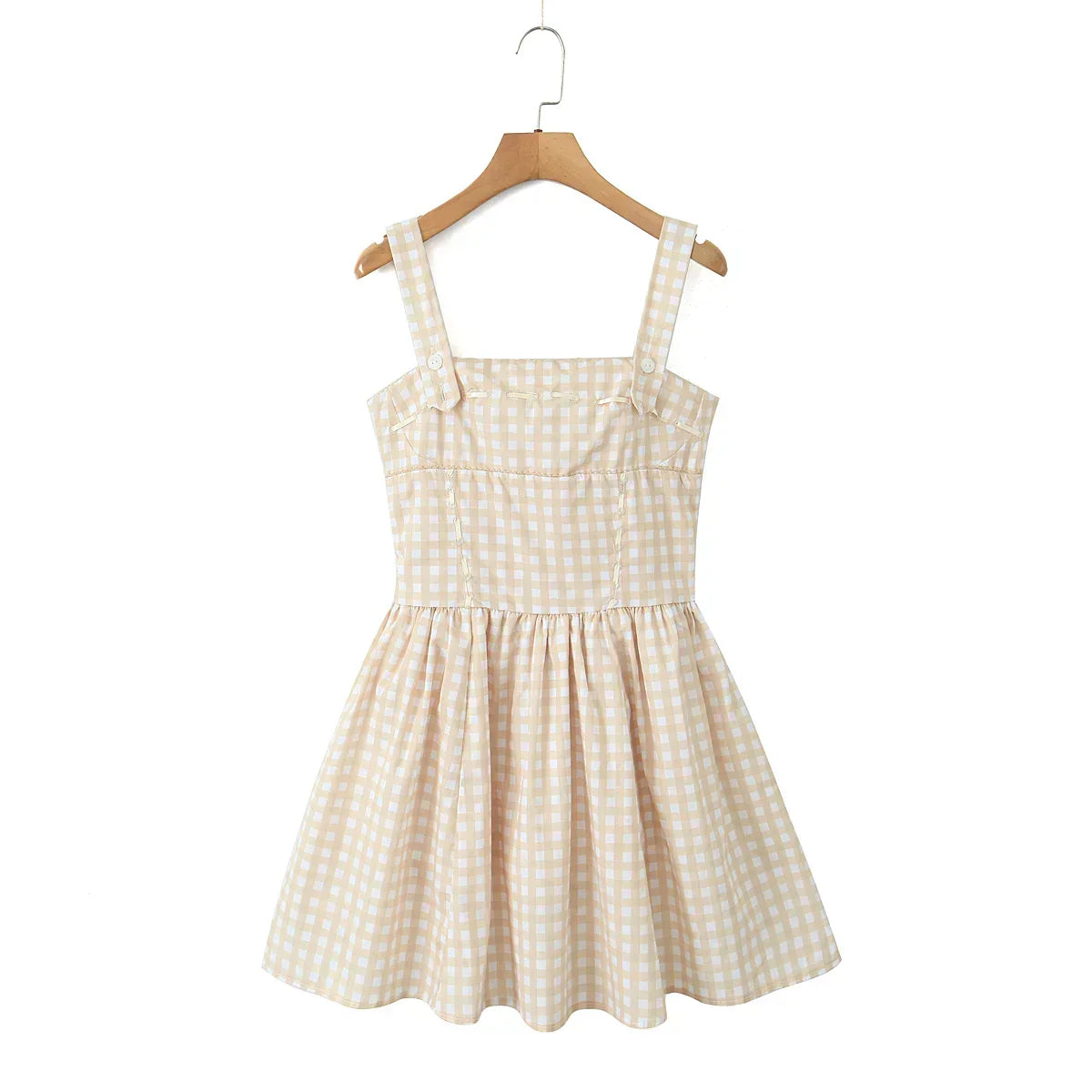 Gingham Print Square Neck Corset Paneled Pleated Mini Dress - View 7