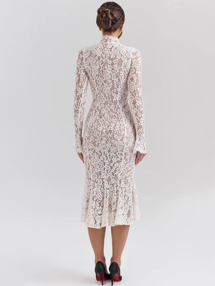 Floral Lace Mock Neck Long Sleeve Scalloped Cuff Bodycon Gown - View 5