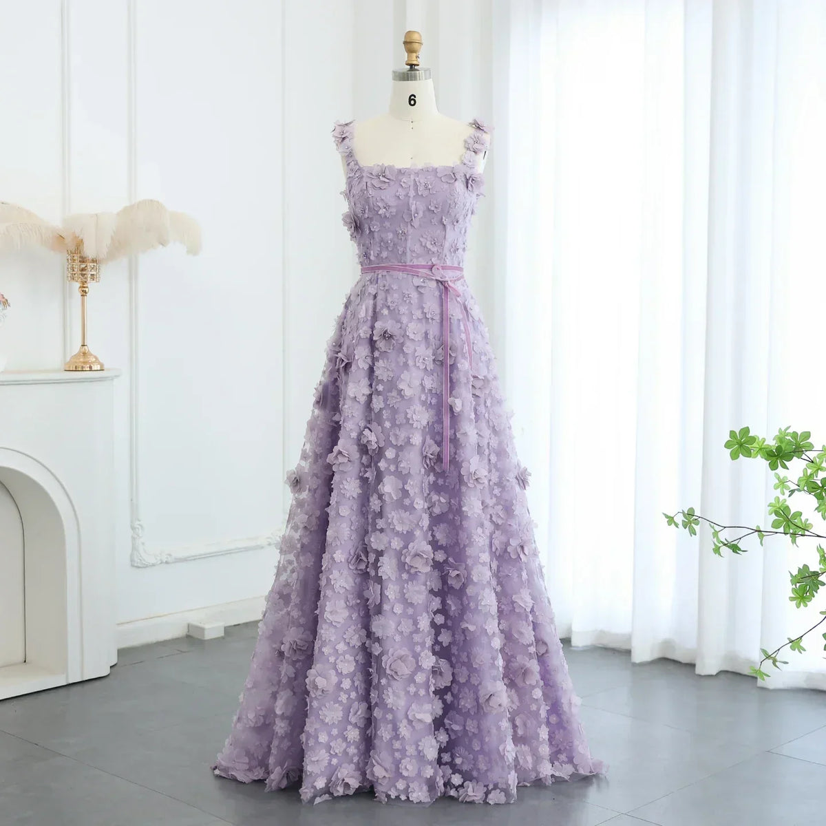 3D Floral Applique Square Neck High Split Tulle A-Line Gown - View 7