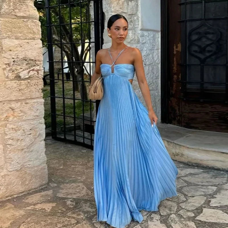 Pleated Blue Halter Maxi Dress