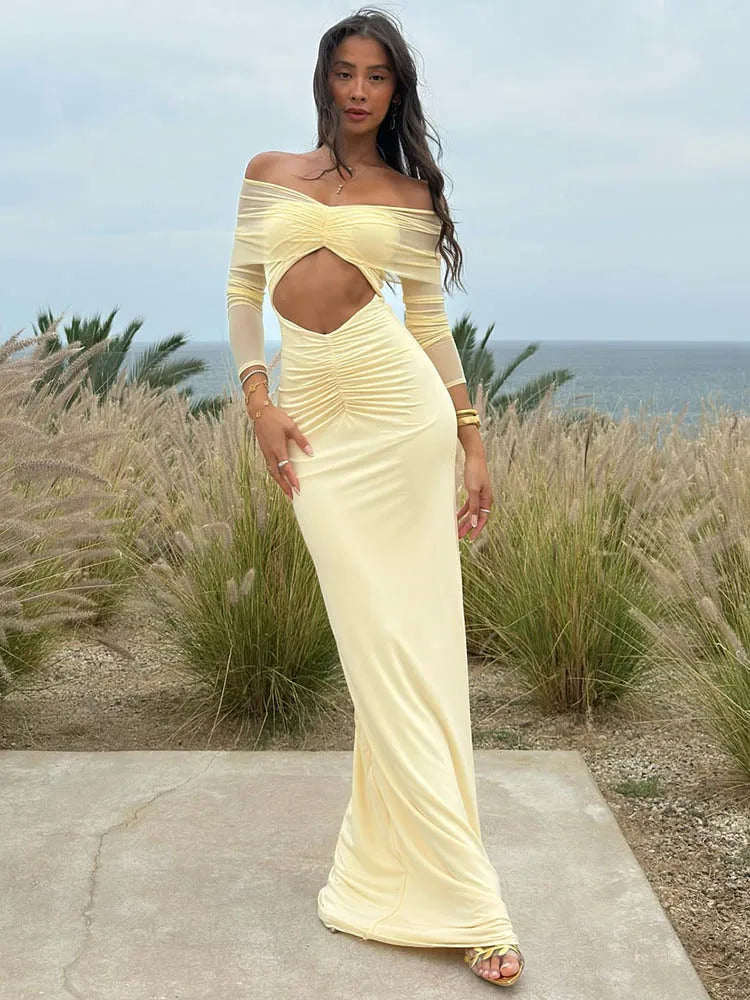 Off Shoulder Long Sleeve Cut Out Ruched Maxi Dress - View 5