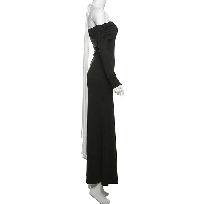 Off Shoulder Halter Cross Neck Long Sleeve Mermaid Maxi Dress - View 5