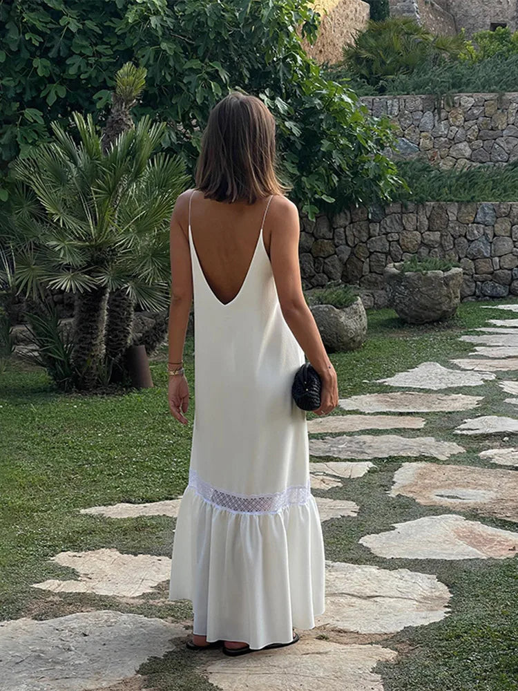 White Satin Mesh Backless Maxi Dress - View 6