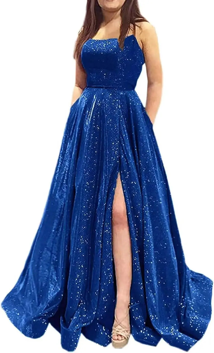 Elegant A-Line Formal Evening Gown with Pockets and Glitter - Fashionpara