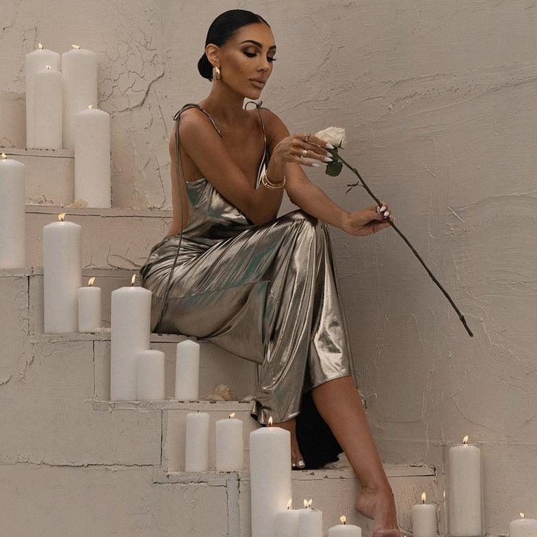 Metallic Tie-Strap Backless Cowl-Back Maxi Dress 2