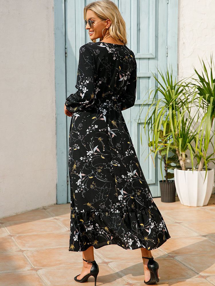 Floral Long Sleeve Round Neck Tiered Midi Dress 8