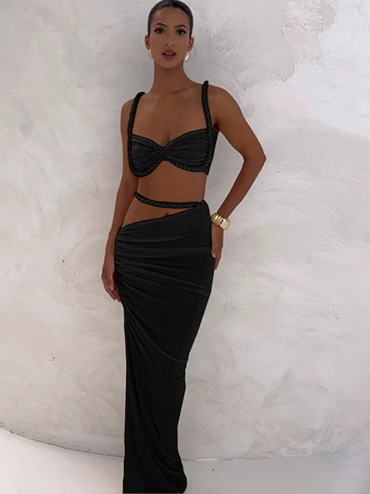 Orange Ruched Bandage Maxi Two Piece Skirt Set