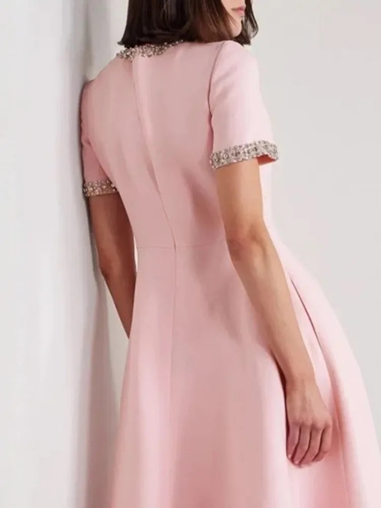 Rhinestone Trim Bow Detail Keyhole Neck Short Sleeve A-Line Midi Dress - View 4