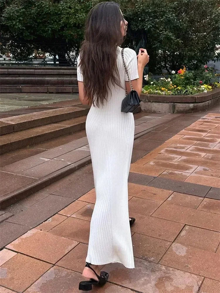 Ribbed Knit Collared Short Sleeve Midi Dress