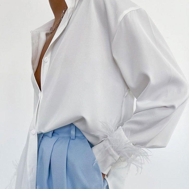 Carmelia Feather Sleeve Satin Blouse - Shirts & Tops - Mermaid Way
