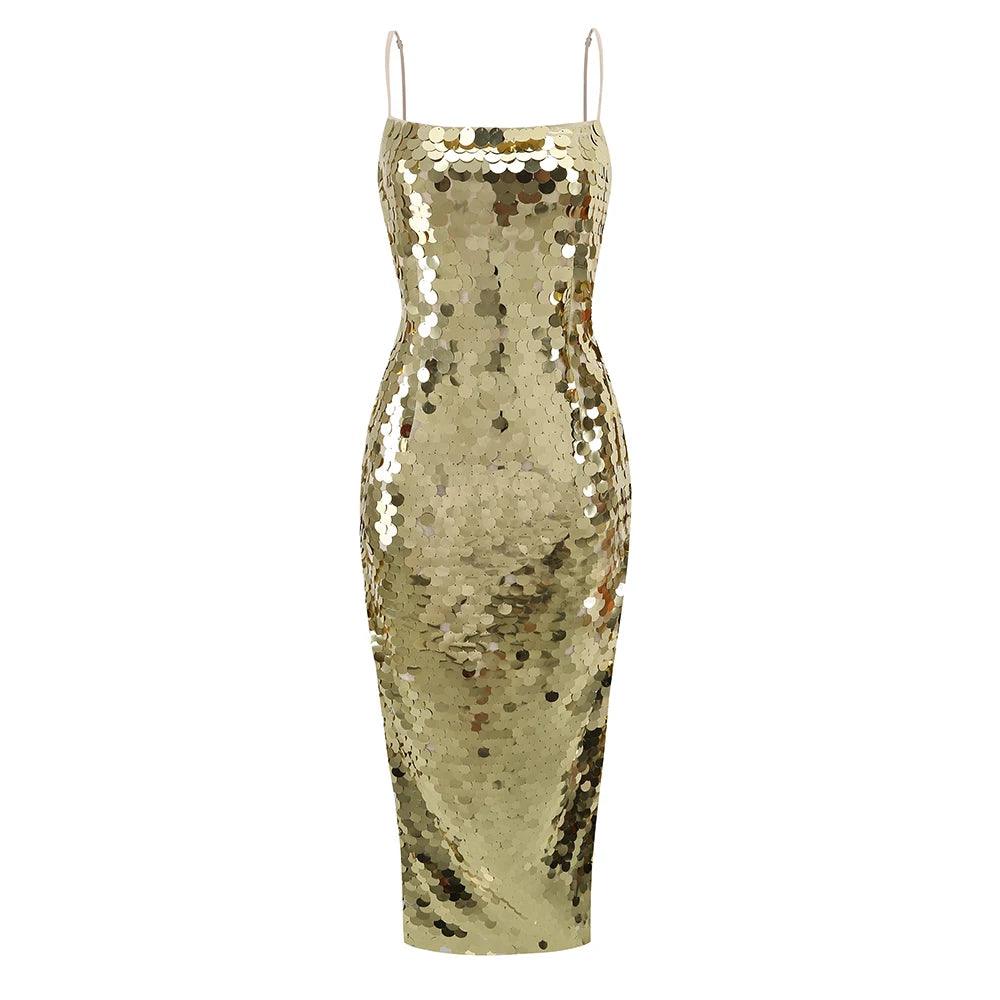 Sequin Spaghetti Strap Asymmetric Fringe Hem Bodycon Midi Dress - View 5