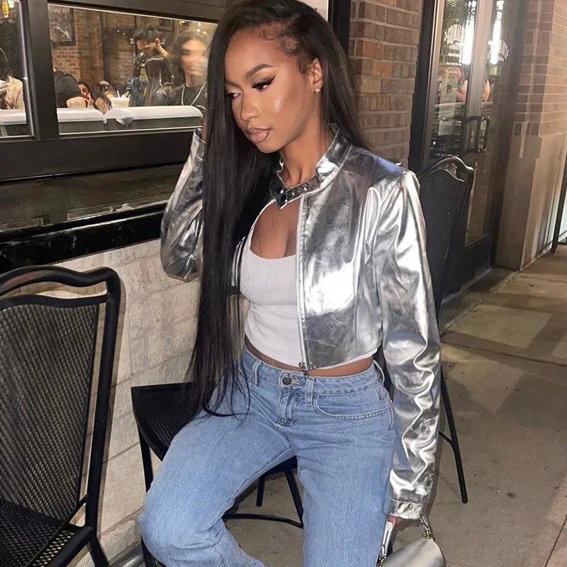 Metal Collar PU Zippered Jacket - Fashionpara