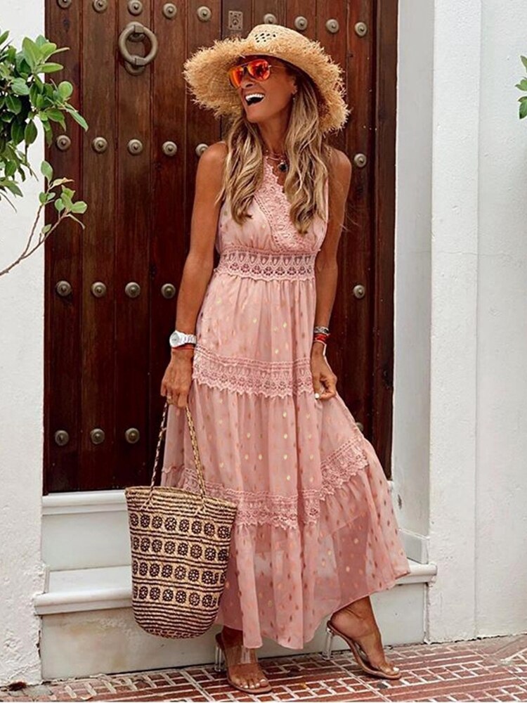 Crochet Lace Trim V-Neck Sleeveless Tiered Maxi Summer Dress - View 2