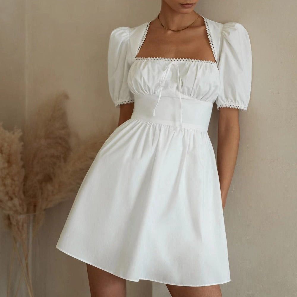 Cotton Square Neck Puff Sleeve Tie-Front Mini Dress