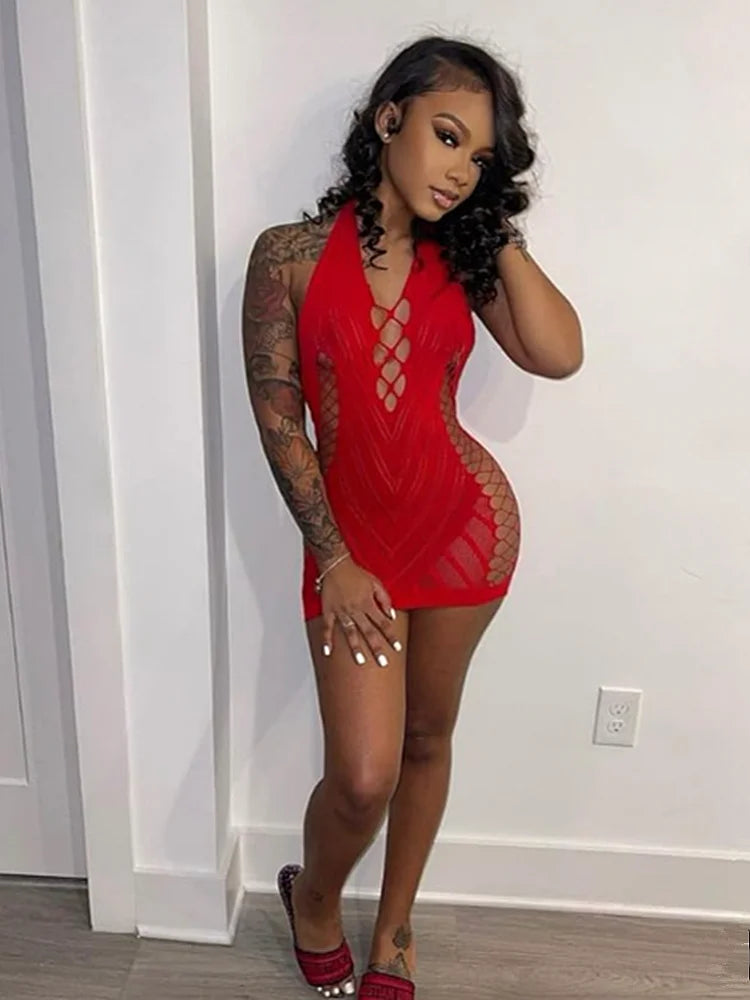 Mesh Halter Neck Lace Up Bodycon Mini Dress - View 6