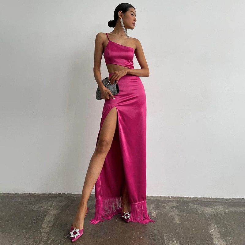 Satin Square Neck Cutout Fringe-Hem Slit Maxi Dress 9