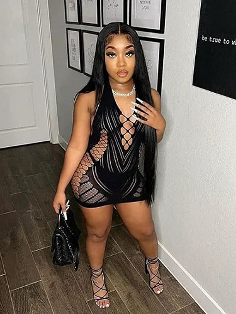 Mesh Halter Neck Lace Up Bodycon Mini Dress