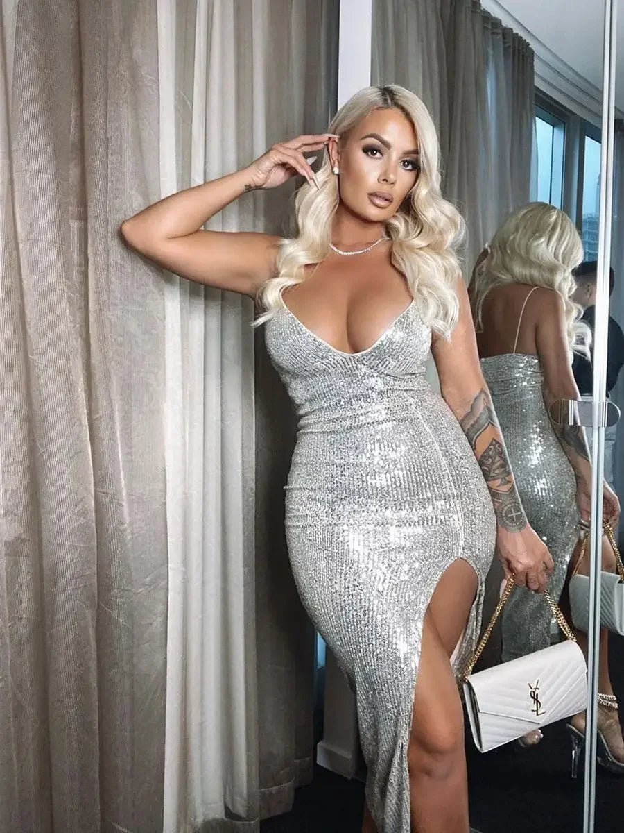 Sequin Deep V-Neck Spaghetti Strap High Split Bodycon Midi Dress - View 5