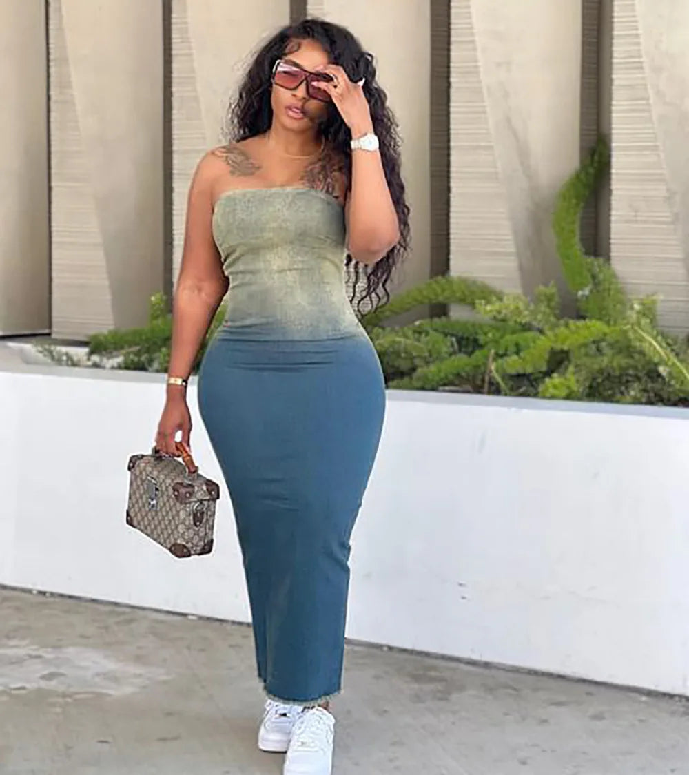 Gradient Denim Corset Slit Midi Dress - Fashionpara