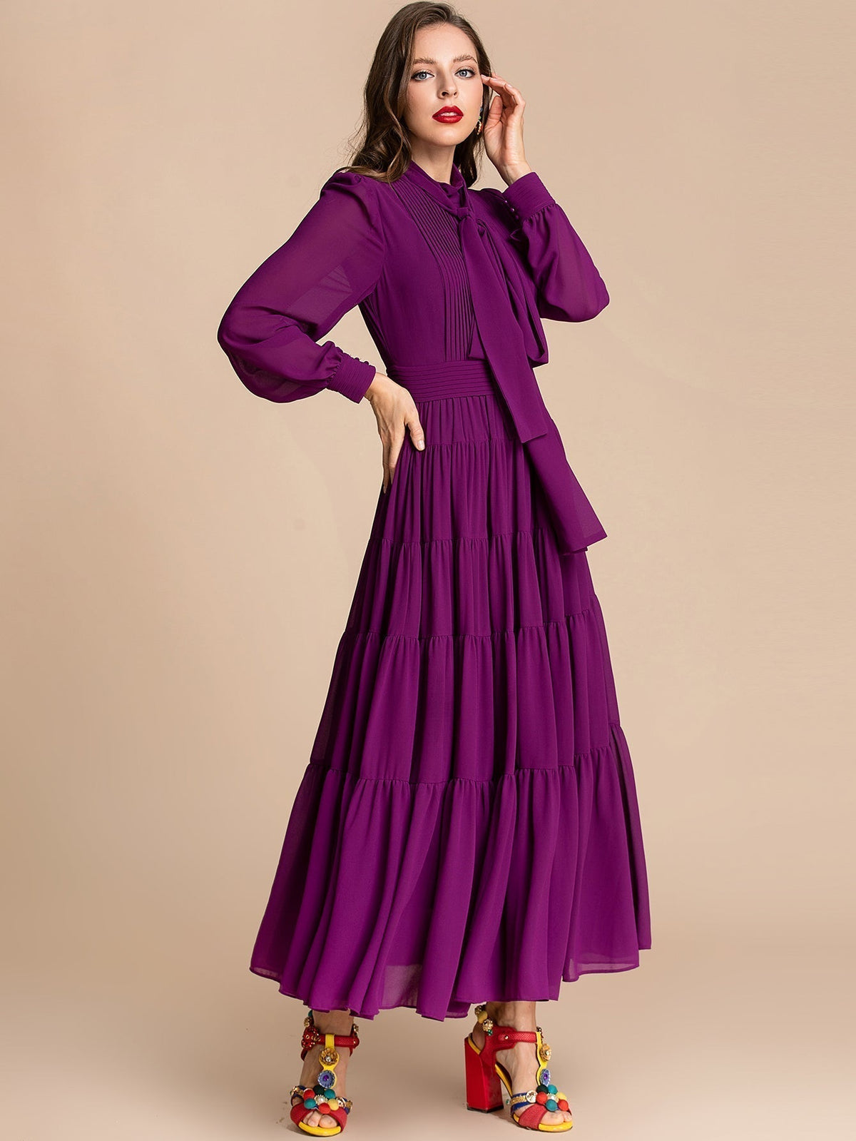 Pleated Tie Neck Long Sleeve Tiered Maxi Dress 5