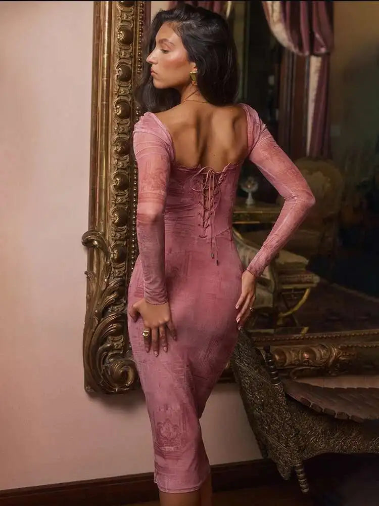 Print Mesh Square-Neck Long Sleeve Lace-Trim Bodycon Midi Dress 4