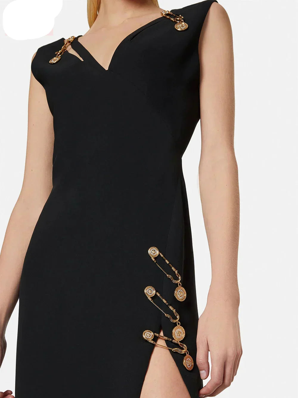 Medallion Safety Pin Sleeveless V-Neck Wrap Bandage Midi Dress