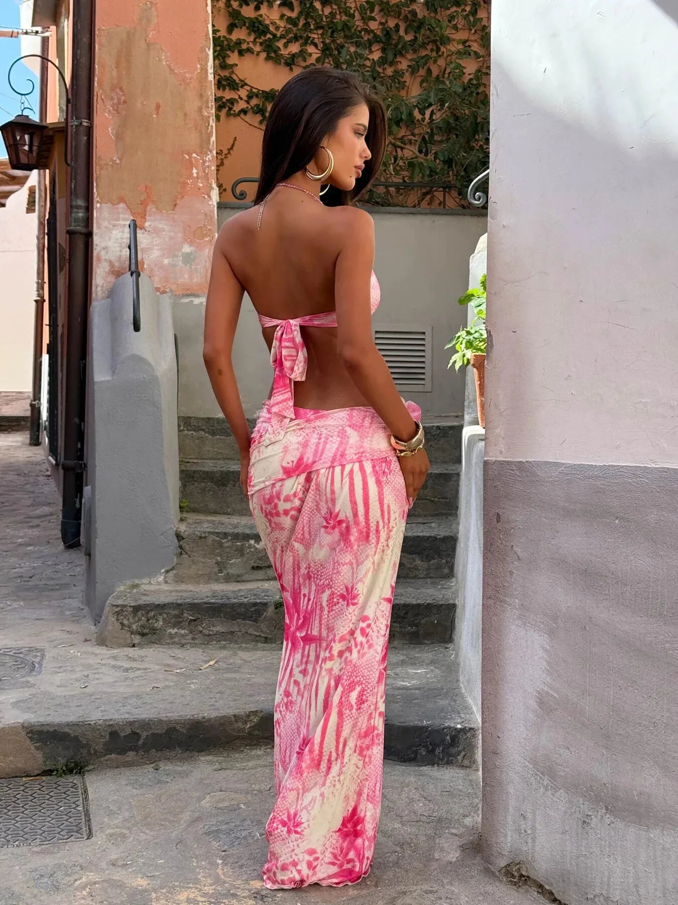 Flower Print Shoulder Three Piece Swimsuit