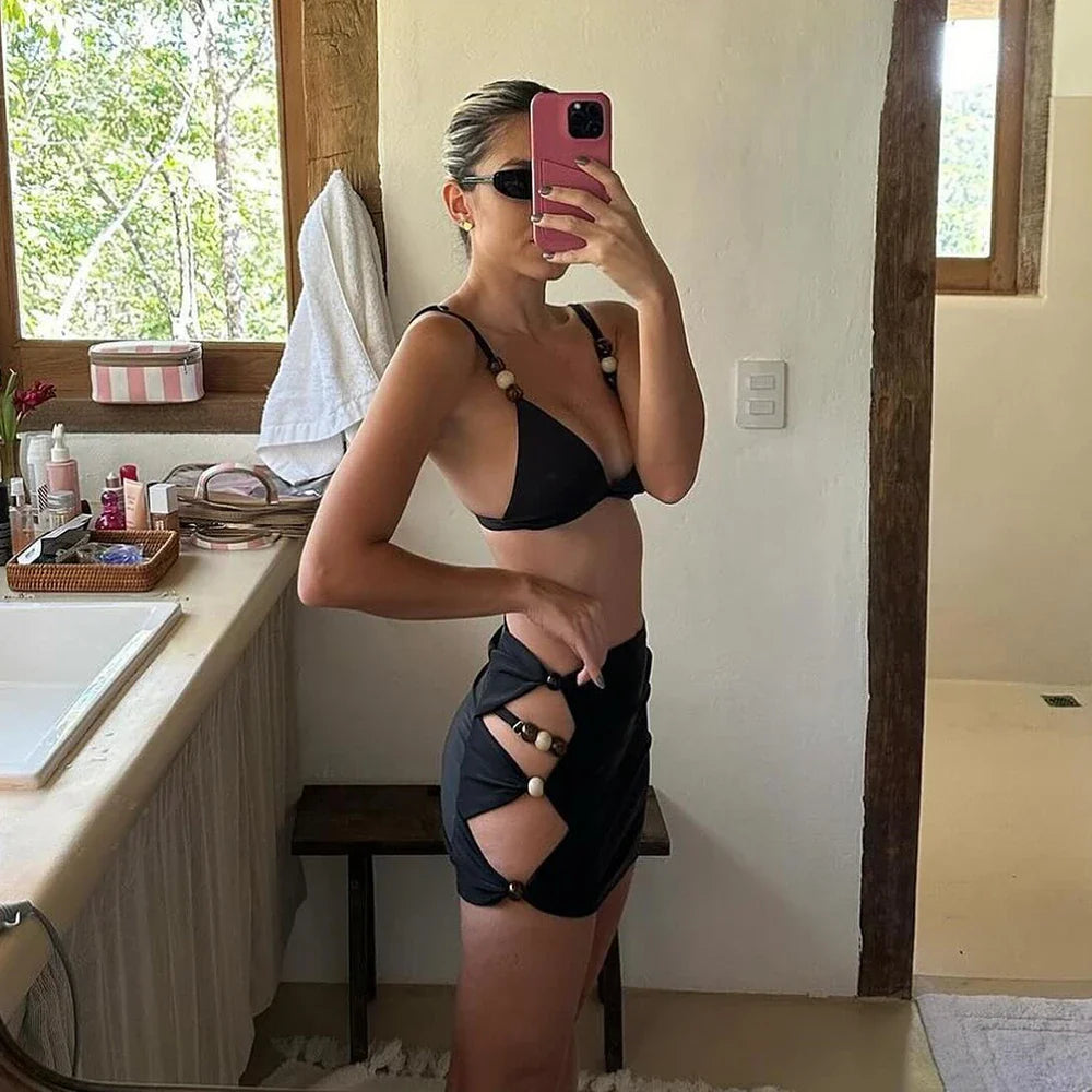 Black Push Up Three Piece Swimsuit