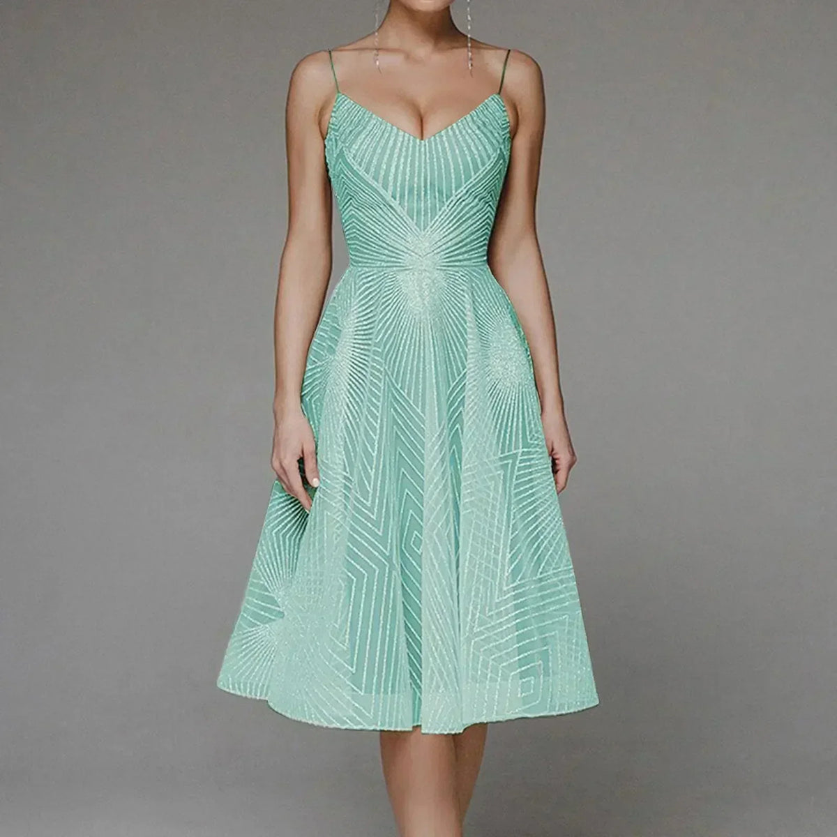 Mesh Overlay Spaghetti Strap Deep V-Neck Geometric Midi Dress - View 9