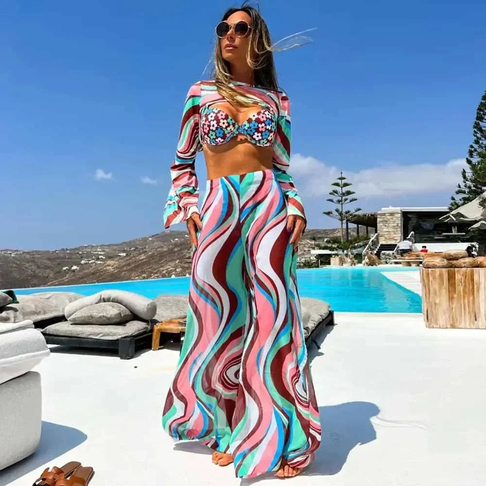 Push Up Bikini Set with Linen Three Piece Swimsuit