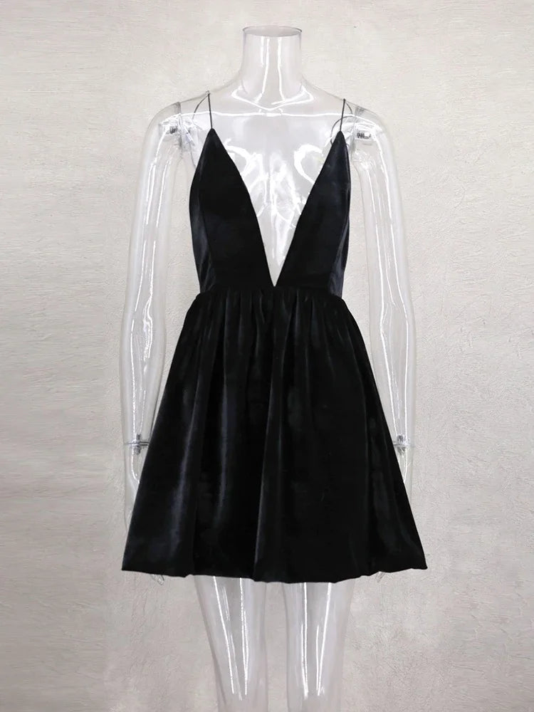 Velvet Deep V Neck Mini Lantern Dress - View 15