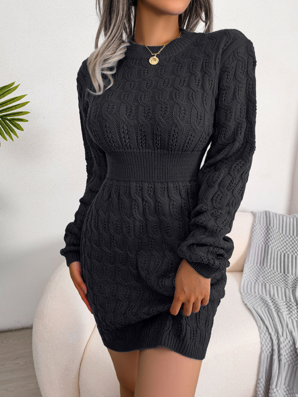 ShoptheCIC Casual O Neck Twist Waist Sweater Dress
